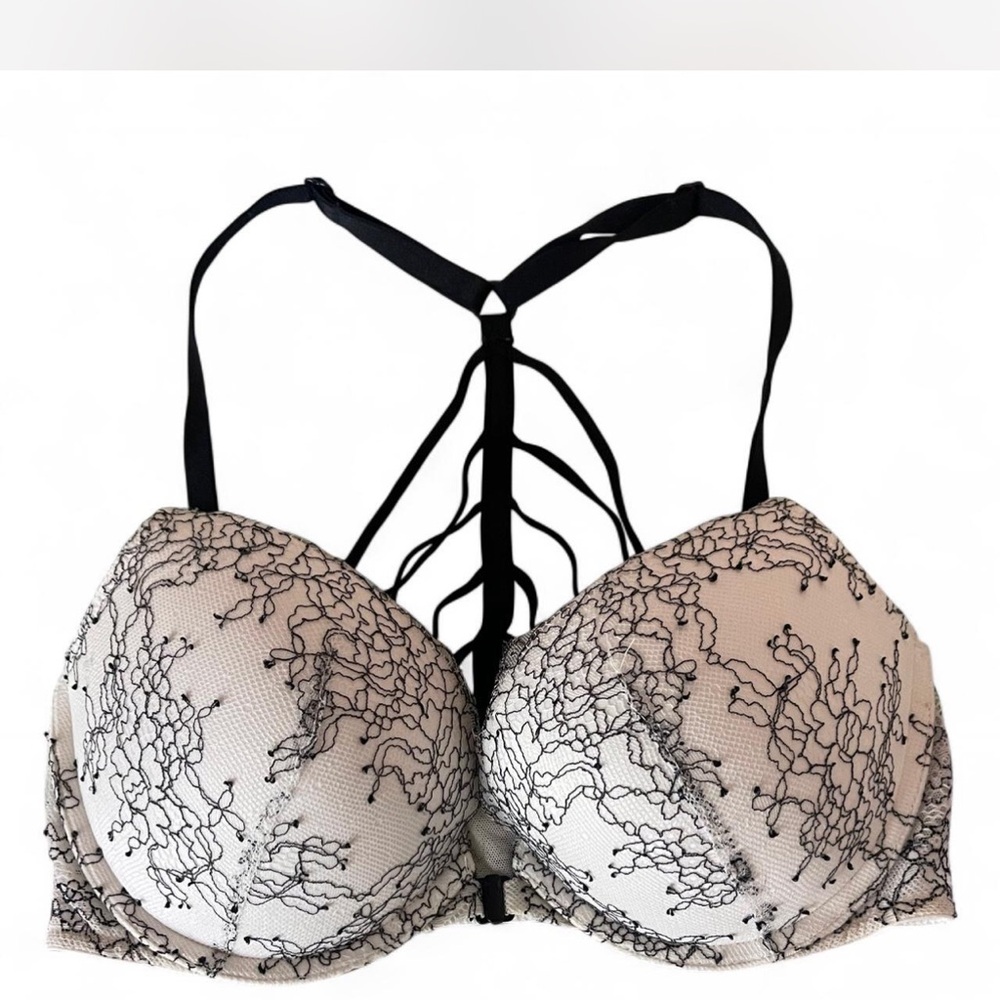 Lace-Overlay Push-Up Bra with Decorative Strappy Back - Nude/Black
